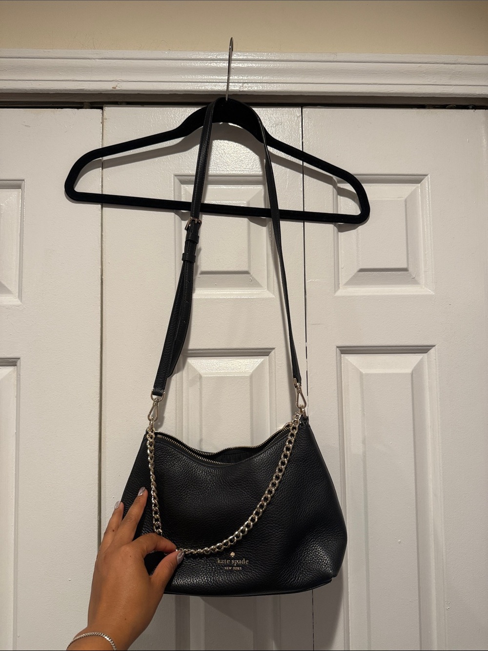kate spade Black Pebbled Leather Shoulder Bag with Chain Accent